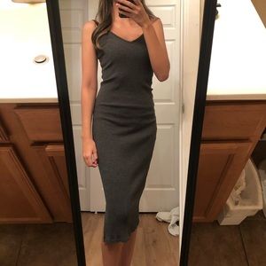 Grey ribbed v neck midi dress